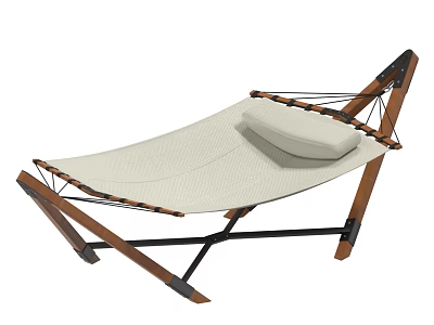 Cream Colored Hammock With Wooden Frame And White Cushion For Outdoor Use 3d model