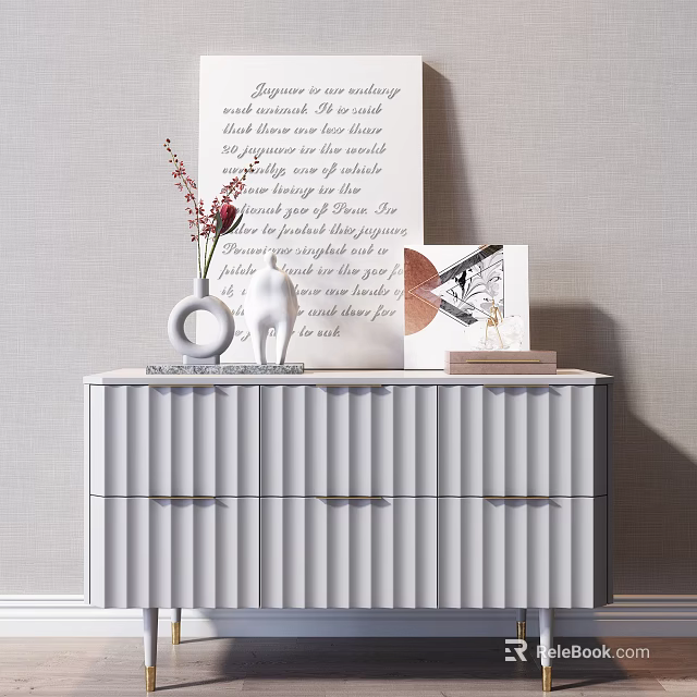 White Console Table with Vase Red Flowers Statue Photo Frame Books Against Light Wall 3d model 