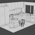 Cartoon Style Kitchen Scene With Pink Cabinets Stainless Steel Refrigerator Island Counter And Bar Stools