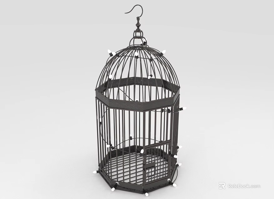 Decorative Ornament Set Featuring Black Metal Birdcage With Hanging Hook And White Beads 3d model 