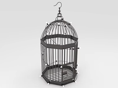 Decorative Ornament Set Featuring Black Metal Birdcage With Hanging Hook And White Beads 3d model