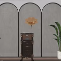 Vintage Gramophone On Dark Wooden Carved Cabinet With Green Plants And Textured Gray Wall