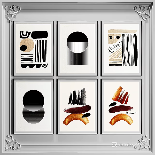 Modern Abstract Art Prints Featuring Geometric Patterns And Neutral Tones Framed Wall Decor 3d model