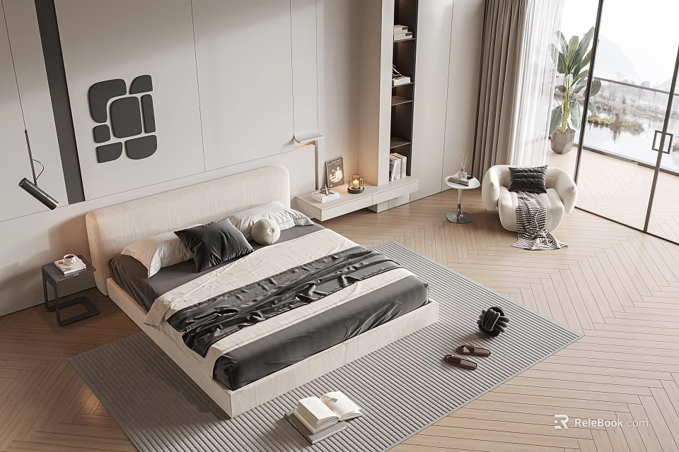 Modern Minimalist Double Bed With Black White Bedding Nightstand And Table Lamp 3d model 