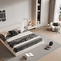Modern Minimalist Double Bed With Black White Bedding Nightstand And Table Lamp