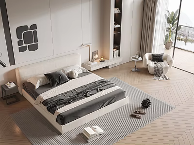 Modern Minimalist Double Bed With Black White Bedding Nightstand And Table Lamp 3d model