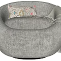 Plush Gray Round Bean Bag Chair With Geometric Patterned Pillow And Soft Blanket