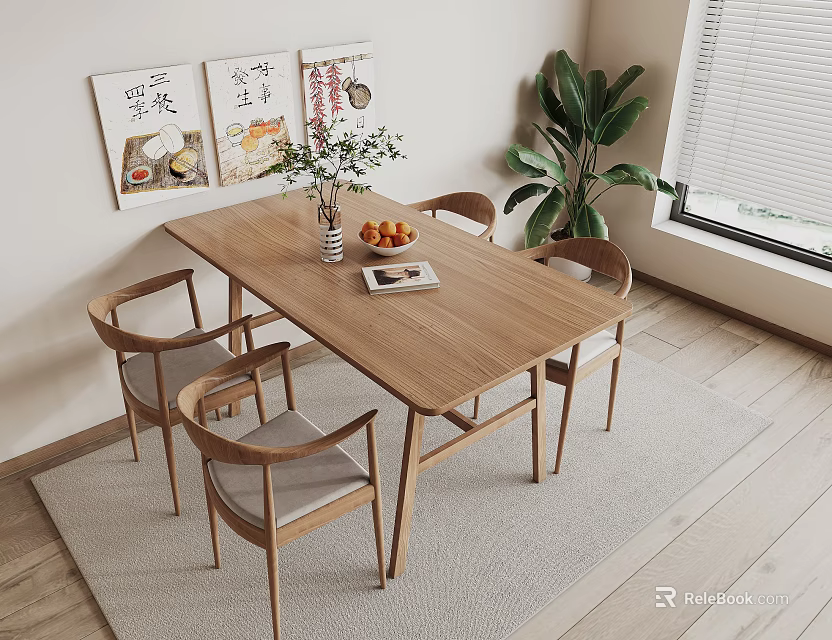 Wooden Dining Table Set With Chairs Potted Plant Wall Art And Area Rug Decor 3d model 