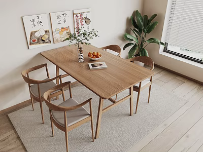 Wooden Dining Table Set With Chairs Potted Plant Wall Art And Area Rug Decor 3d model