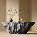 Elegant Modern Console Table With Rock Texture Top Black Vase Green Branches Light Gold Screen 3d model
