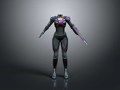 Futuristic Armored Bio Character With Black Armor Purple Glowing Details And Weapon 3d model