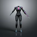 Futuristic Armored Bio Character With Black Armor Purple Glowing Details And Weapon