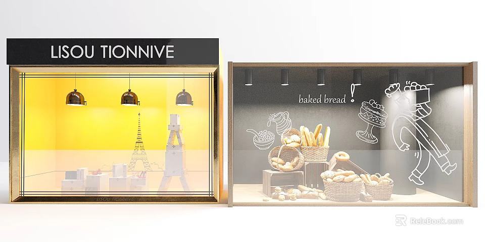 Bakery Shop Window Display with Baked Bread Baskets Pastries Yellow Background and Hanging Lights 3d model 