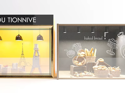 Bakery Shop Window Display with Baked Bread Baskets Pastries Yellow Background and Hanging Lights 3d model