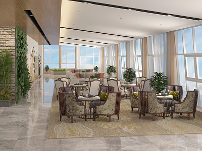 Modern Spacious Lounge Area Interior With Comfortable Chairs Tables Plants And Large Windows 3d model