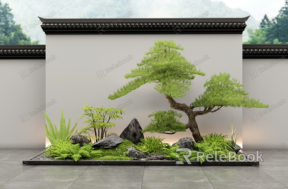 New Chinese Courtyard Sketch Plant Landscape Plant Combination Plant Pile Moss Landscape Stone Flowers Welcome Pine Landscape Wall model