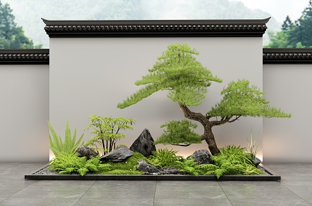 New Chinese Courtyard Sketch Plant Landscape Plant Combination Plant Pile Moss Landscape Stone Flowers Welcome Pine Landscape Wall 3d model