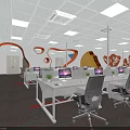 Modern Open Public Office Space With Multiple Workstations White Desks And Red Decorations 3d model