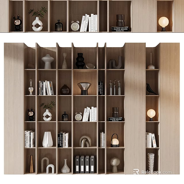 Modern Wooden Bookcase Interior With Open Shelves Books Vases Lamps And Decorative Items 3d model 