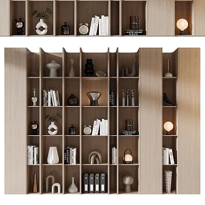 Modern Wooden Bookcase Interior With Open Shelves Books Vases Lamps And Decorative Items 3d model
