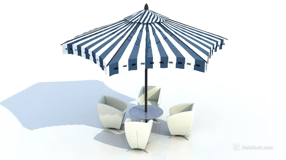 Blue and white striped outdoor umbrella with white chairs and round table 3d model 
