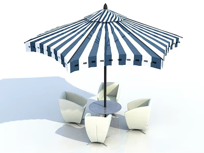 Blue and white striped outdoor umbrella with white chairs and round table 3d model