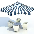 Blue and white striped outdoor umbrella with white chairs and round table