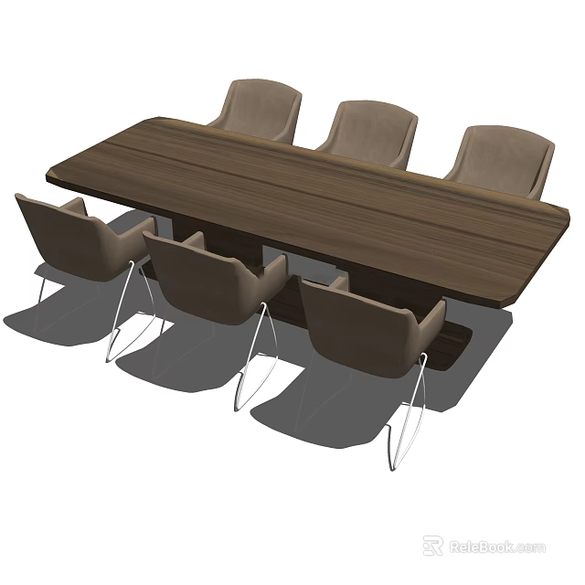Modern Wooden Office Desk Long Rectangular Tabletop With Six Gray Chairs Metal Legs Contemporary Workspace 3d model 