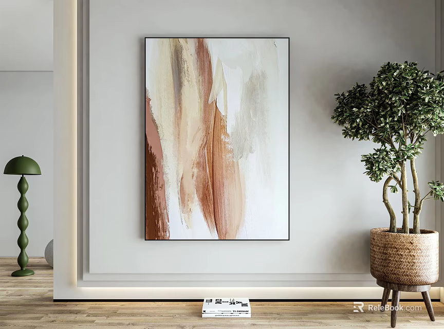 Abstract Painting With Brown Beige Brushstrokes Green Floor Lamp And Potted Tree In Woven Basket 3d model 