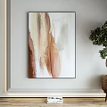 Abstract Painting With Brown Beige Brushstrokes Green Floor Lamp And Potted Tree In Woven Basket
