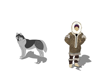 A Man In Traditional Fur Clothing Standing With A Siberian Husky Dog 3d model