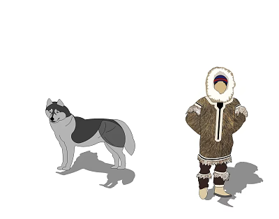 A Man In Traditional Fur Clothing Standing With A Siberian Husky Dog 3d model
