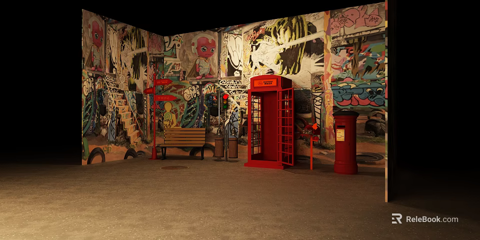 Urban Street Setting With Graffiti Covered Walls Red Telephone Booth And Bench 3d model 
