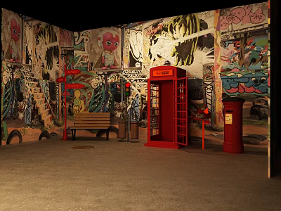 Urban Street Setting With Graffiti Covered Walls Red Telephone Booth And Bench 3d model