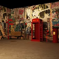 Urban Street Setting With Graffiti Covered Walls Red Telephone Booth And Bench