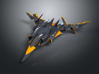Futuristic Black And Orange Fighter Jet 3D Model With Sharp Wings And Aerodynamic Design 3d model