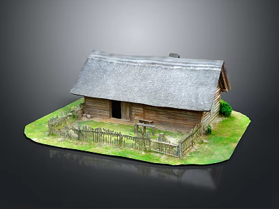 Rustic Wooden House With Thatched Roof Wooden Fence And Small Bush On Green Grass 3d model