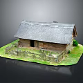 Rustic Wooden House With Thatched Roof Wooden Fence And Small Bush On Green Grass