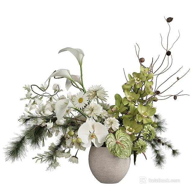 Elegant Decorative Ornament Arrangement With Flower Bouquet Green Plants And Decorative Branches 3d model 