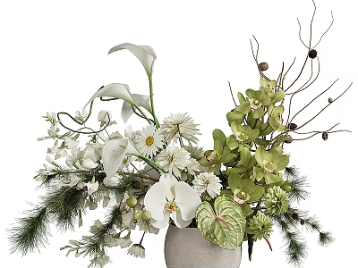 Elegant Decorative Ornament Arrangement With Flower Bouquet Green Plants And Decorative Branches 3d model