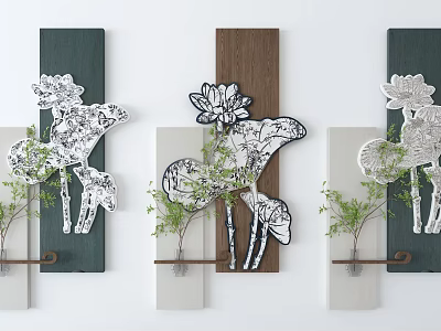 Wooden Green Wall Decor With Intricate Deer Lotus Patterns And Small Plants 3d model