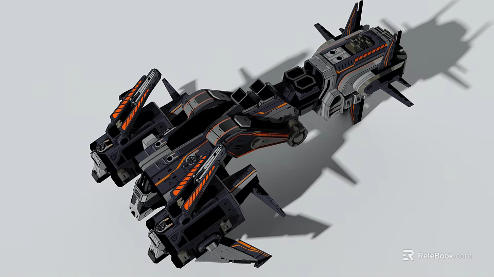 Futuristic Sci Fi Spaceship Model With Black Orange Stripes And Mechanical Structure 3d model 