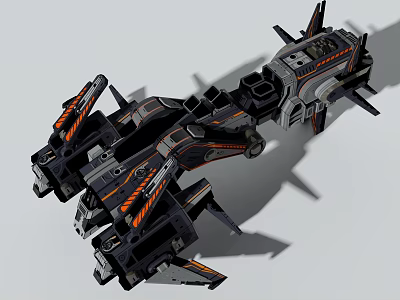 Futuristic Sci Fi Spaceship Model With Black Orange Stripes And Mechanical Structure 3d model
