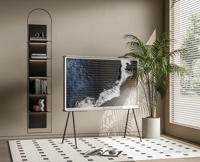 Stylish Modern TV on Stand in Living Room With Plant and Bookshelf 3d model 
