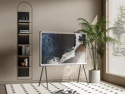 Stylish Modern TV on Stand in Living Room With Plant and Bookshelf 3d model