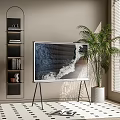 Stylish Modern TV on Stand in Living Room With Plant and Bookshelf