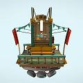 Cartoon Scene Floating Coffee Stand With Green Striped Awning Small Flags Wooden Platform Mechanical Support