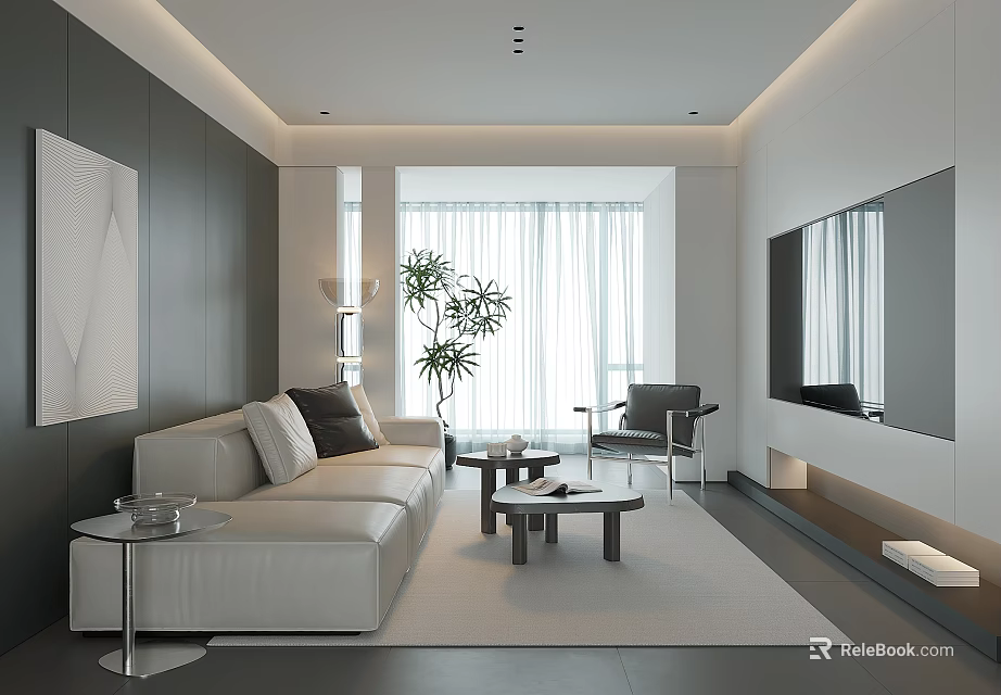 Modern Living Room With White Sofa Black Cushions Coffee Table And Potted Plant 3d model 