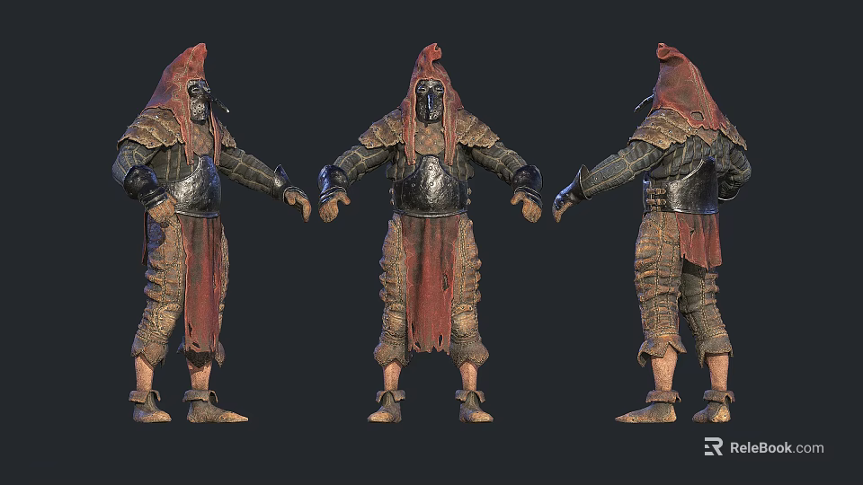 Man In Warrior Armor With Red Hood Displayed In Multiple Angles View 3d model 