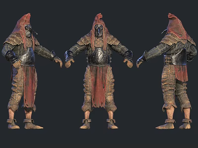 Man In Warrior Armor With Red Hood Displayed In Multiple Angles View 3d model